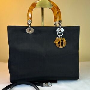 Dior Lady Dior Large Black Crossgrain Canvas Made Italy 1998 Tortoishell handles